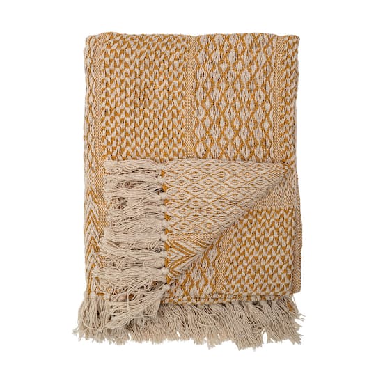 Bloomingville Yellow Cotton Blend Knit Throw Blanket with Fringe